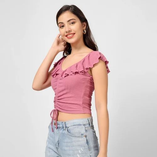 pink ruffle crop top for women off shoulder