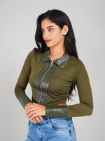 Load image into Gallery viewer, ribbed zip-up knit top with faux leather collar and buttoned cuffs