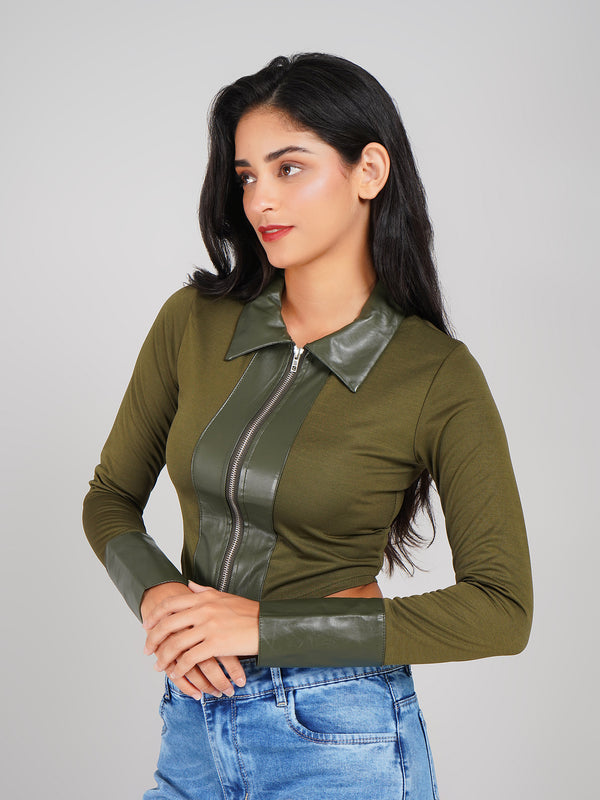 ribbed zip-up knit top with faux leather collar and buttoned cuffs