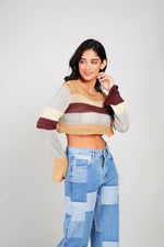 Load image into Gallery viewer, stylish brown multi-shade crochet crop top with round neck design