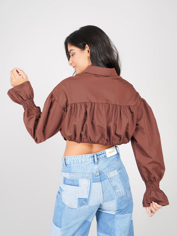 stylish denim panel crop shirt women