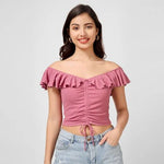 Load image into Gallery viewer, stylish pink off shoulder crop top street style
