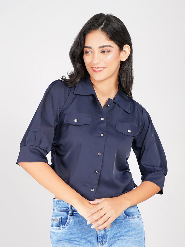 stylish puff sleeve shirt with front buttons and tie design