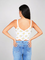 Load image into Gallery viewer, stylish white knit crop top featuring yellow flower crochet