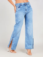 Load image into Gallery viewer, trendy blue wide leg jeans women casual wear