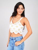 Load image into Gallery viewer, trendy crochet floral crop top in white with yellow flowers