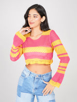 Load image into Gallery viewer, trendy crochet knit flare sleeve crop top in pink and yellow