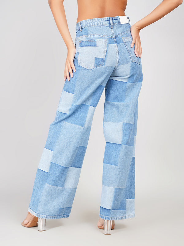 trendy patchwork wide leg jeans women
