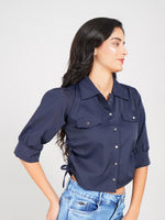 Load image into Gallery viewer, trendy women’s button-down top featuring puff sleeves and tie detail