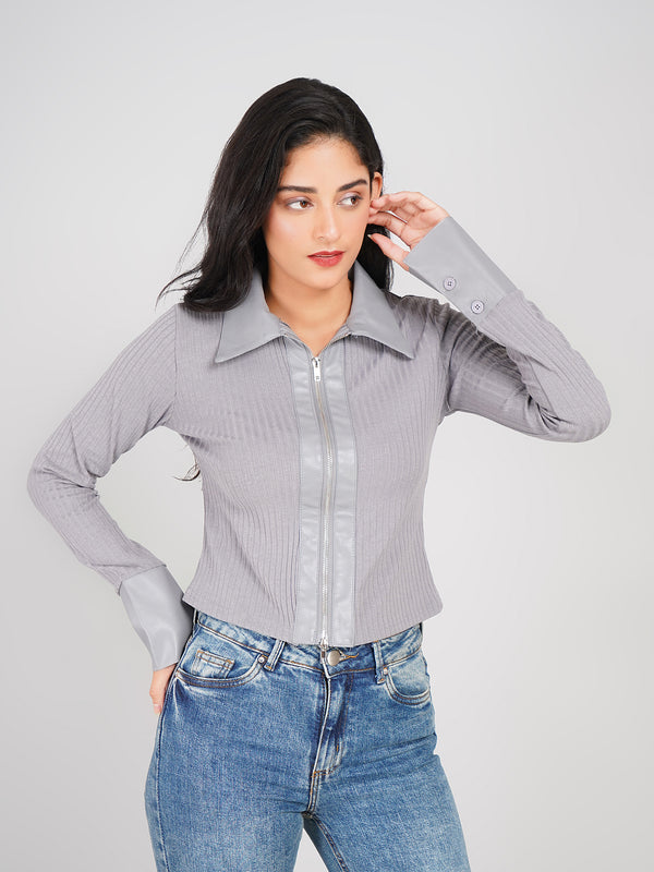 trendy women’s ribbed knit top with faux leather detailing