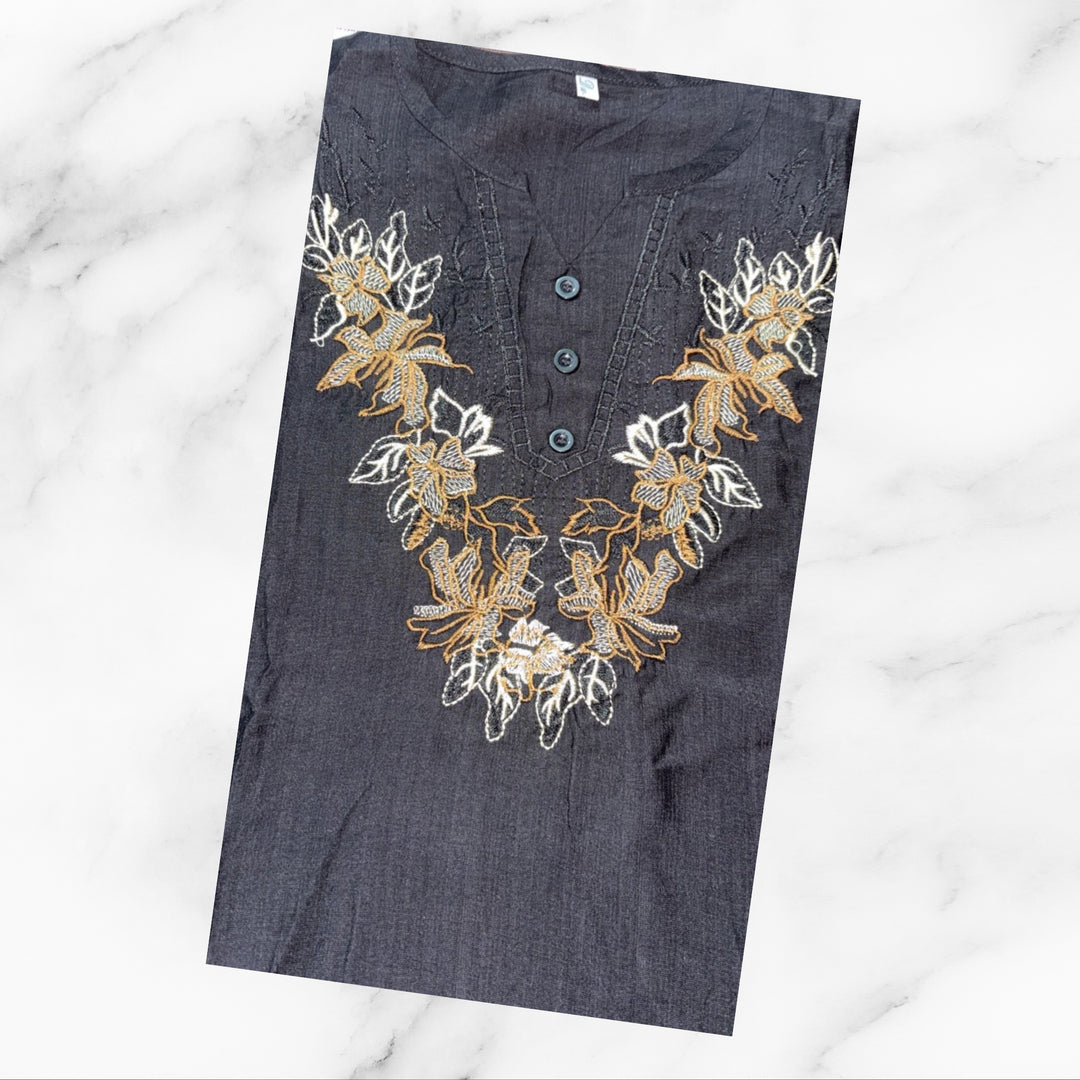 Tunic Top with Gold and White Floral Embroidery Neckline