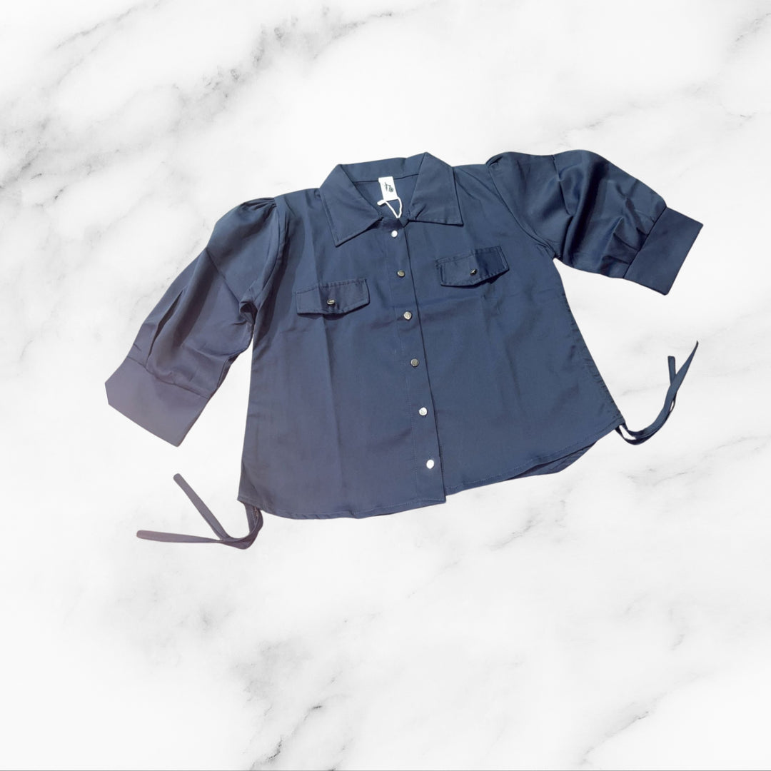 Puff Sleeve Button-Down Shirt with Tie Detail