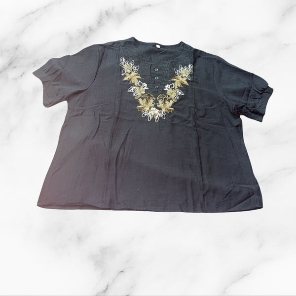 Tunic Top with Gold and White Floral Embroidery Neckline