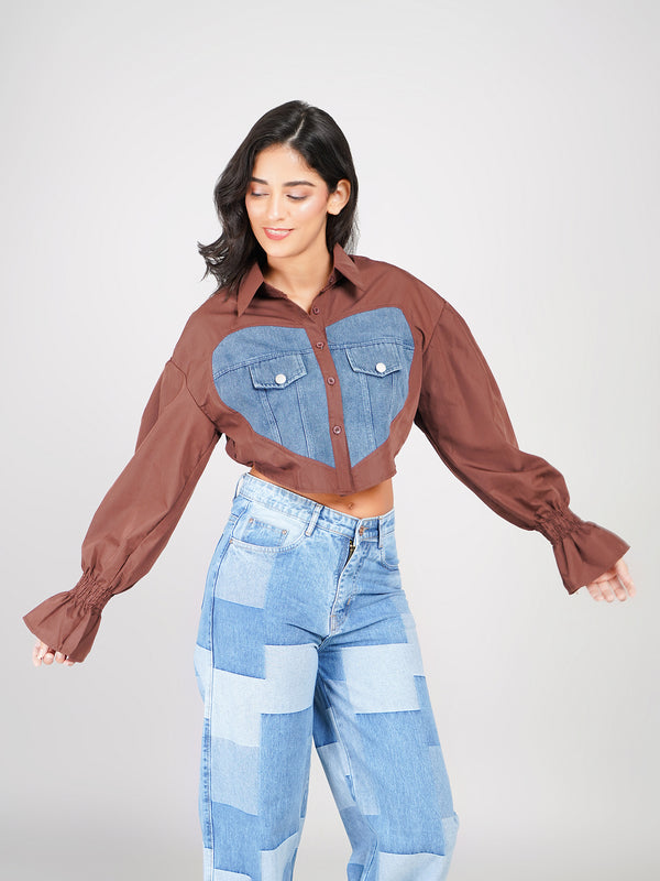 women casual brown cropped shirt top