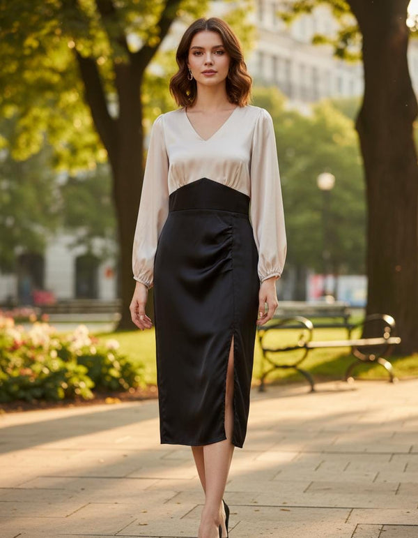women elegant black white office wear dress