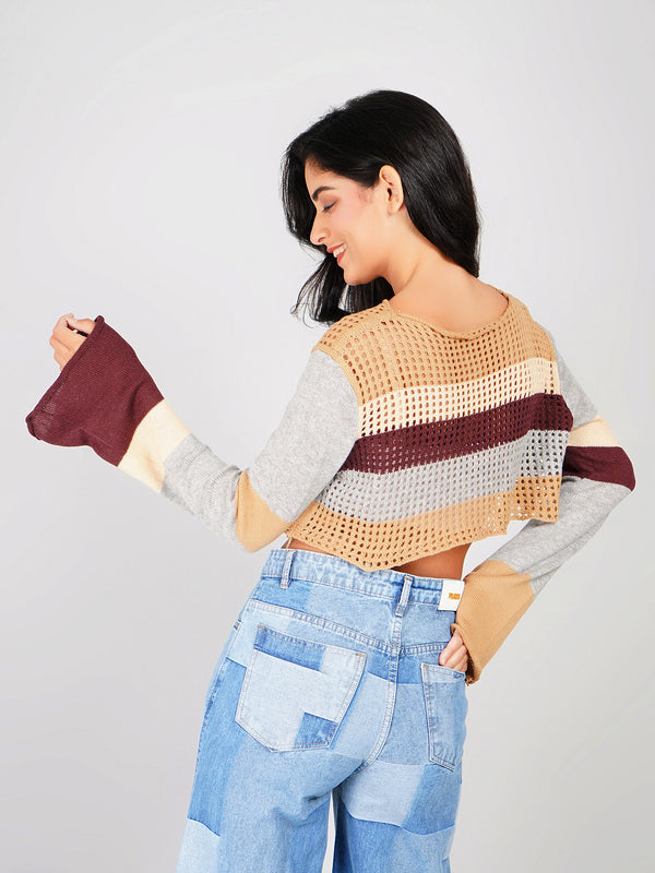 women’s brown crochet knit crop top with multicolor shades and flared sleeves
