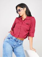 Load image into Gallery viewer, women’s button-down shirt with puff sleeves and tie detail