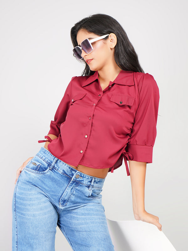 women’s button-down shirt with puff sleeves and tie detail