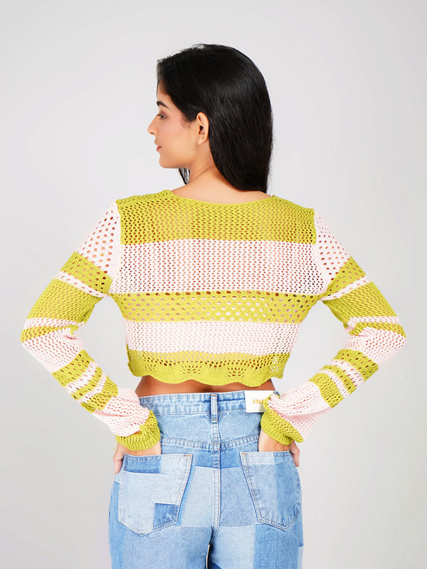 women’s crochet knit long sleeve crop top with round neckline