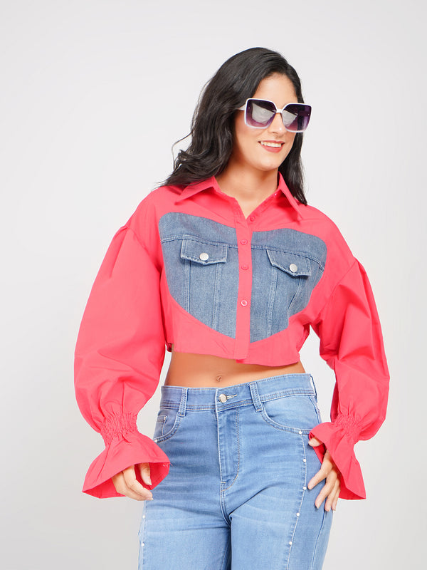 women’s denim crop shirt with heart patch panels and smocked sleeves