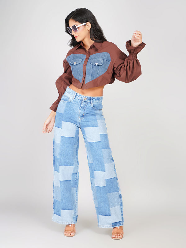 women’s denim heart patchwork top