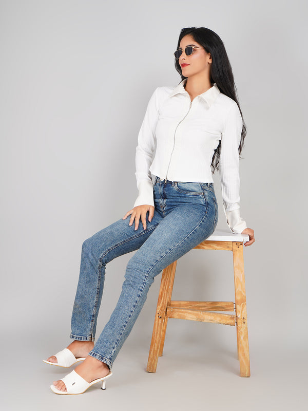 women’s ribbed knit zip-up top with faux leather collar