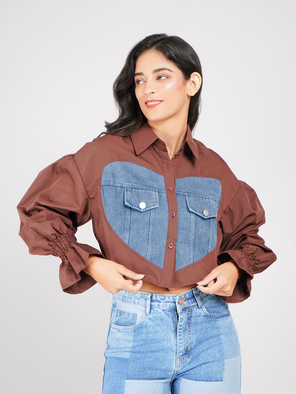 women’s smocked puff sleeve denim crop shirt with heart patches