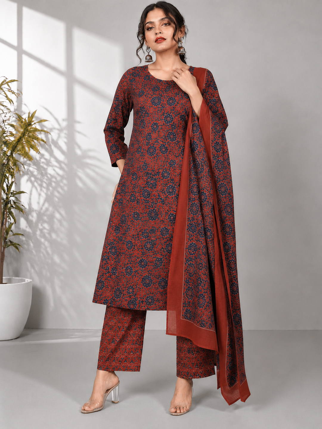Ajrak Print Straight Kurta Set for Women - PRAVtown