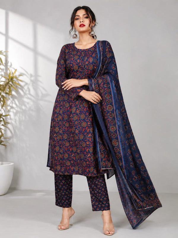 Ajrak Printed Kurta Pant Set with Dupatta for Women - PRAVtown