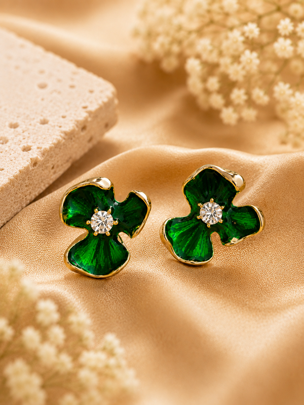 Anti-Tarnish Floral Statement Earrings Green Enamel - PRAVtown