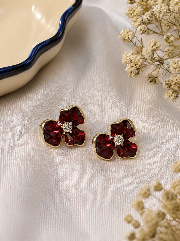 Anti-Tarnish Floral Statement Earrings Red Enamel - PRAVtown