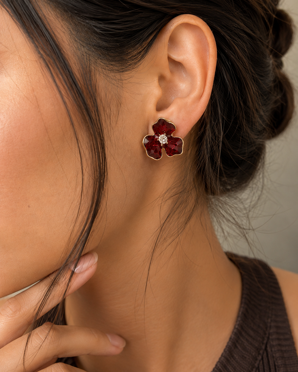 Anti-Tarnish Floral Statement Earrings in Red Enamel - PRAVtown