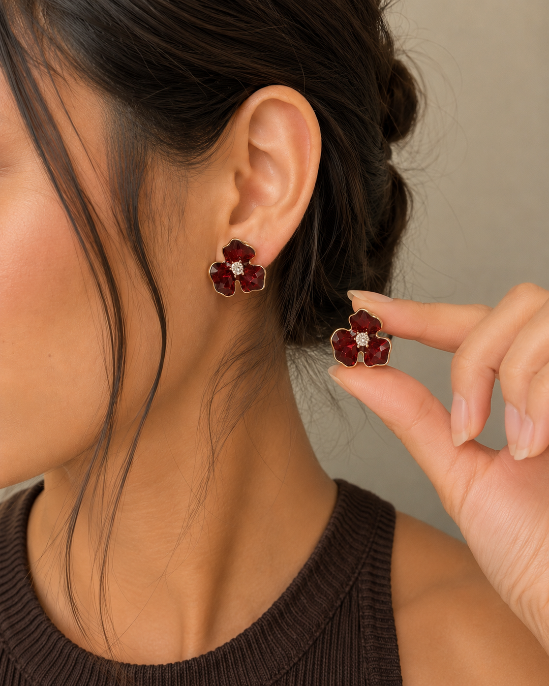 Anti-Tarnish Red Enamel Floral Statement Earrings - PRAVtown