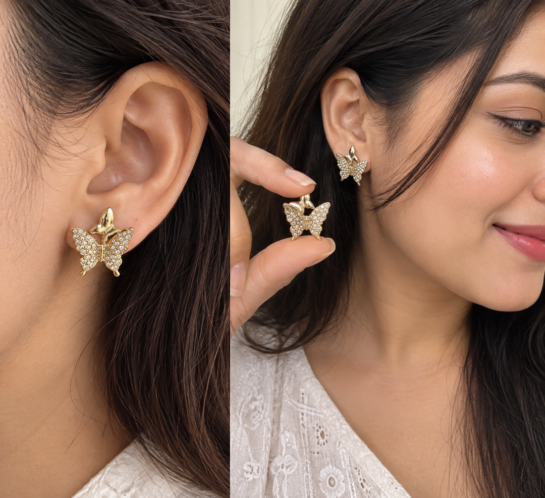 Anti-tarnish butterfly stud earrings in elegant gold-tone finish