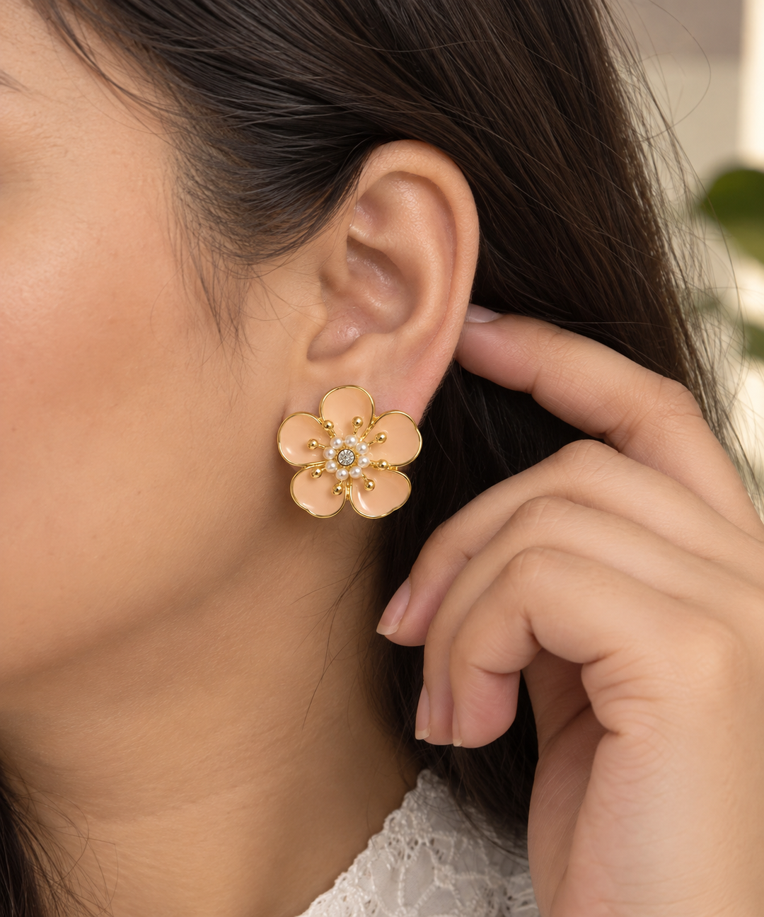 Anti-tarnish floral earrings featuring glossy peach-pink petals
