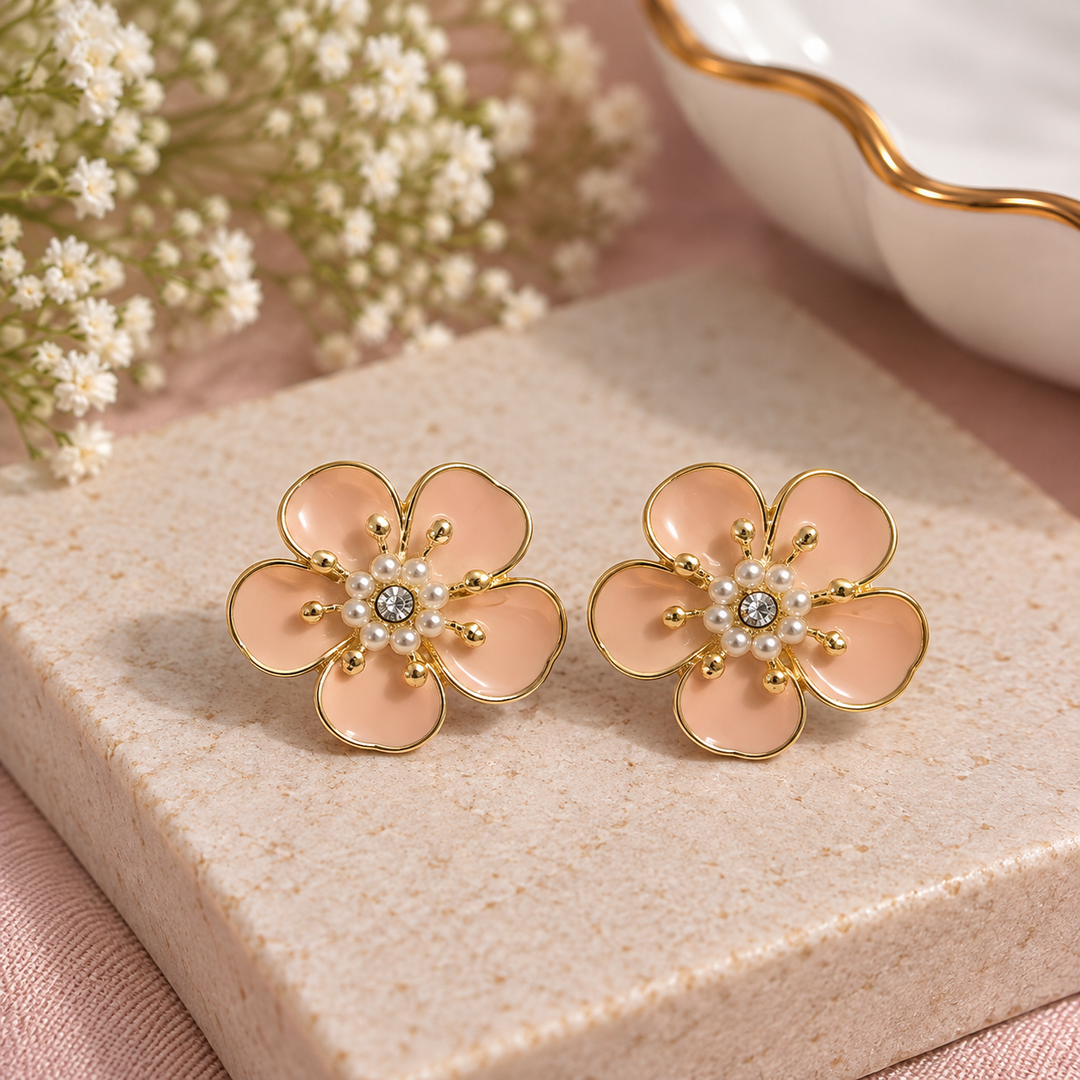 Anti-tarnish peach pink floral statement earrings with gold detailing