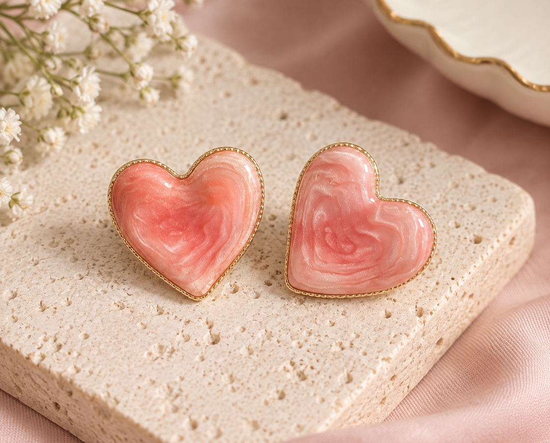 Anti-tarnish pink marbled heart stud earrings with gold-tone border