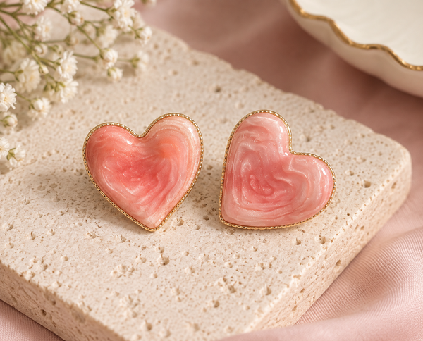 Anti-tarnish pink marbled heart stud earrings with gold-tone border
