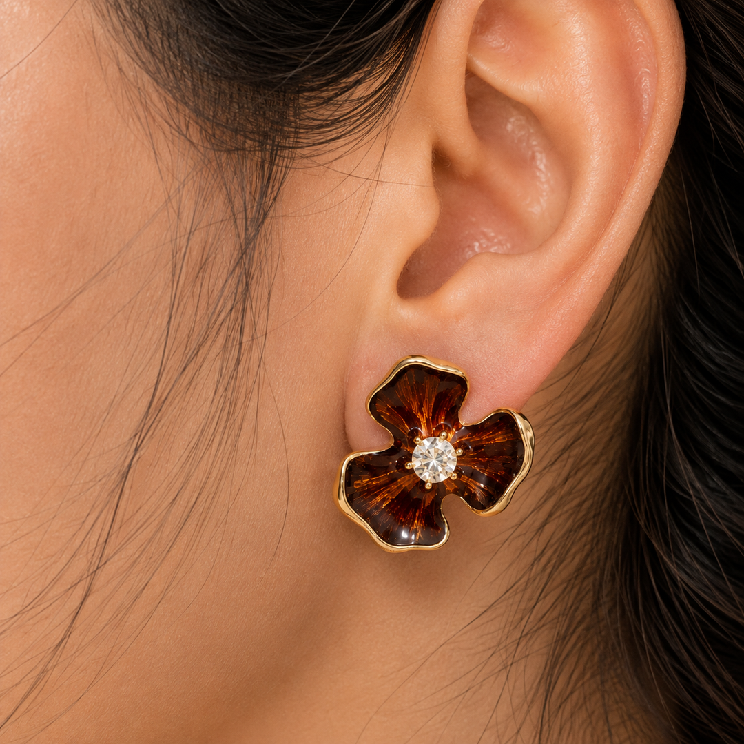 Brown Enamel Floral Statement Earrings Anti-Tarnish - PRAVtown