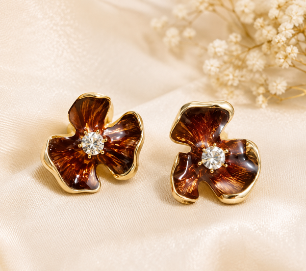 Brown Floral Enamel Earrings with Anti-Tarnish Finish - PRAVtown