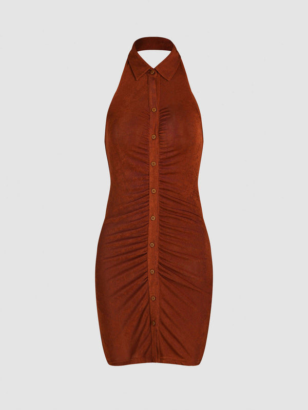 Brown halter neck mini dress slim fit casual wear