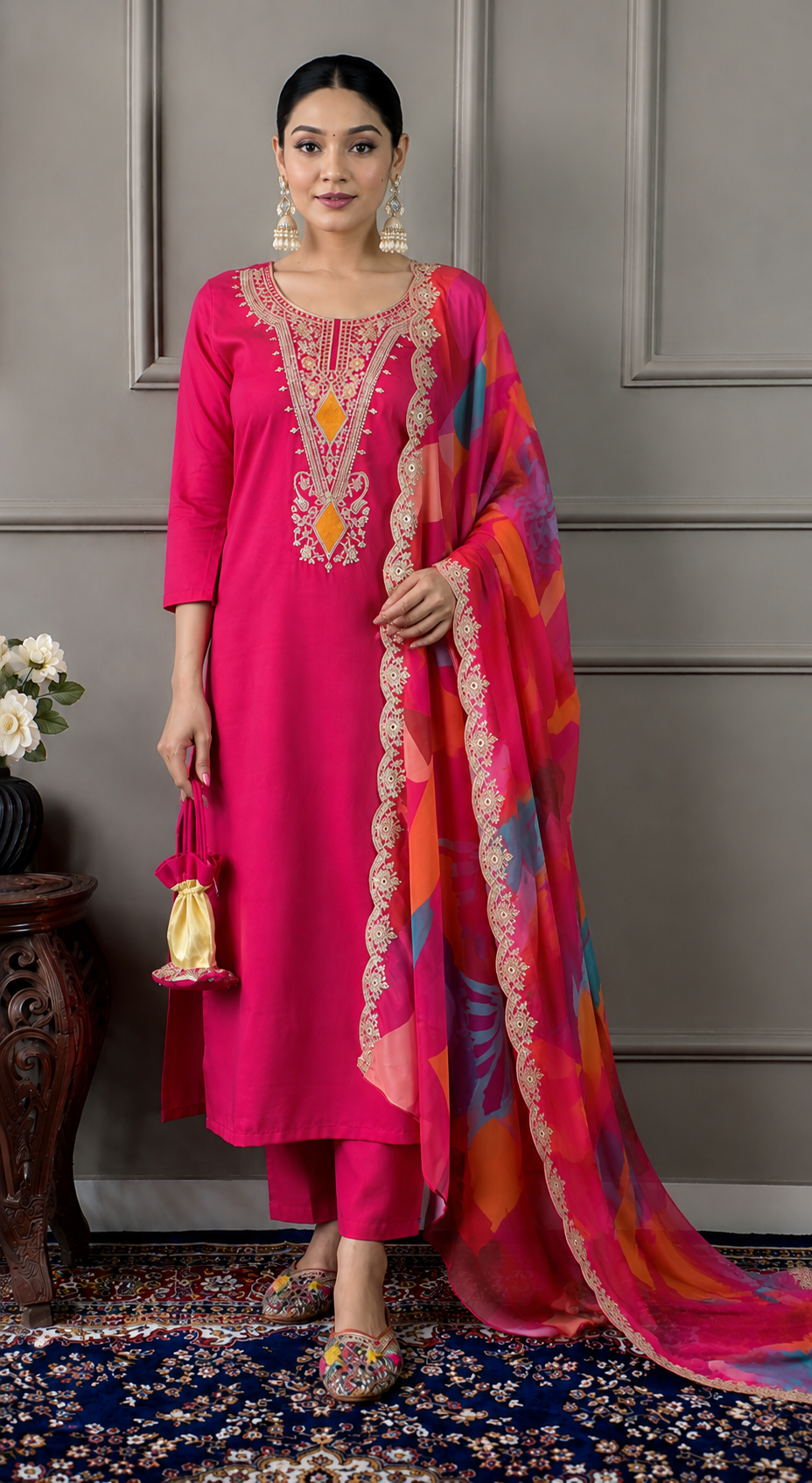 Beautiful Front Thread Design 3-Piece Kurta Pant Set Digital Print Dupatta