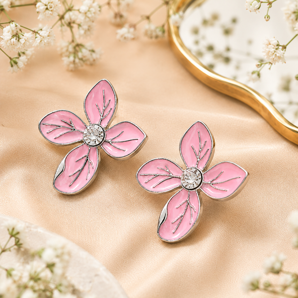 Pink Floral Enamel Stud Earrings Anti-Tarnish
