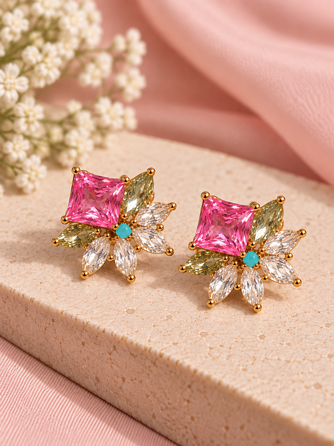 Pink Crystal Floral Statement Earrings Leaf Shape