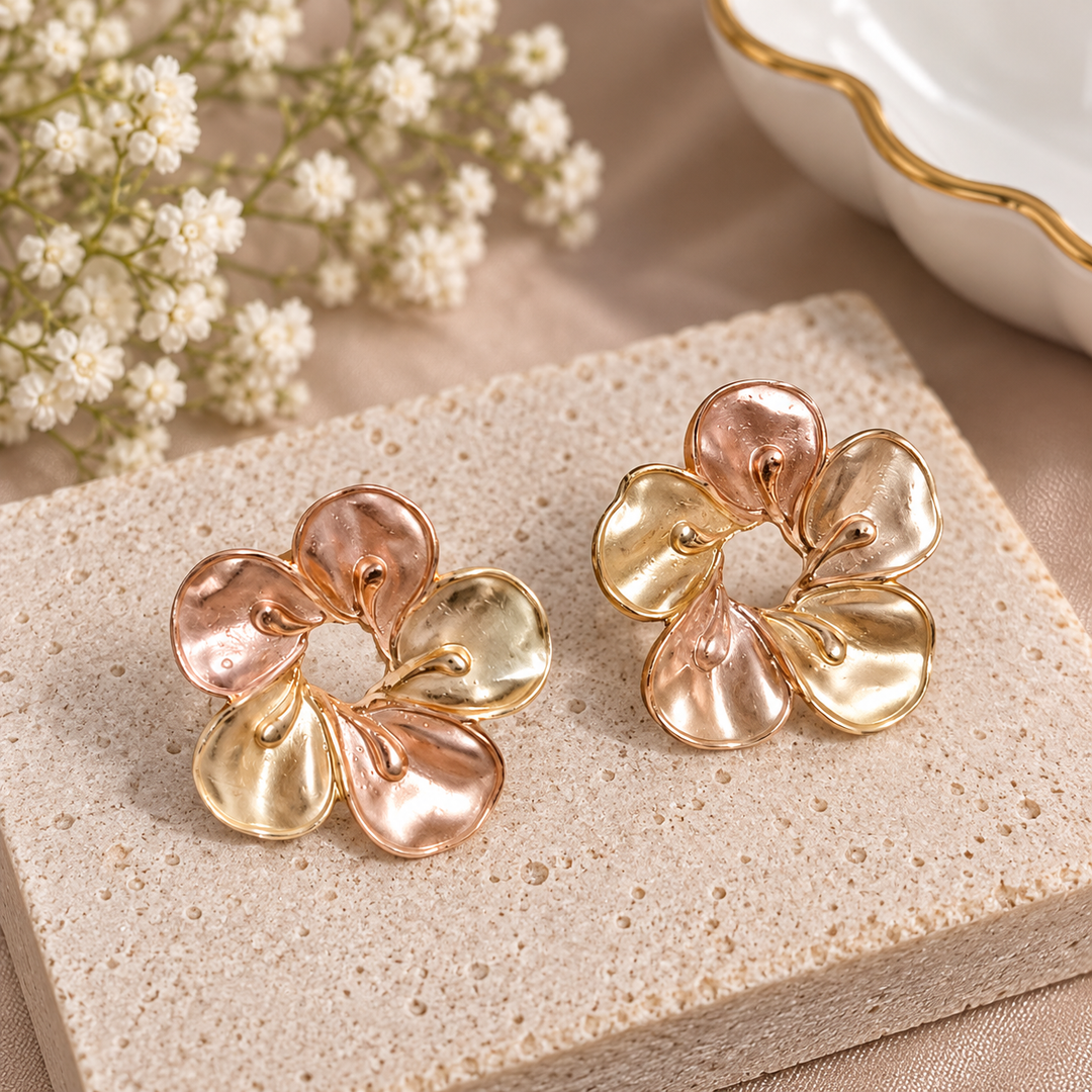 Dual-Tone Lotus Earrings with Sculpted Petals Anti Tarnish