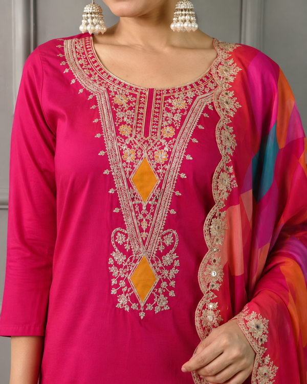 Beautiful Front Thread Design 3-Piece Kurta Pant Set Digital Print Dupatta