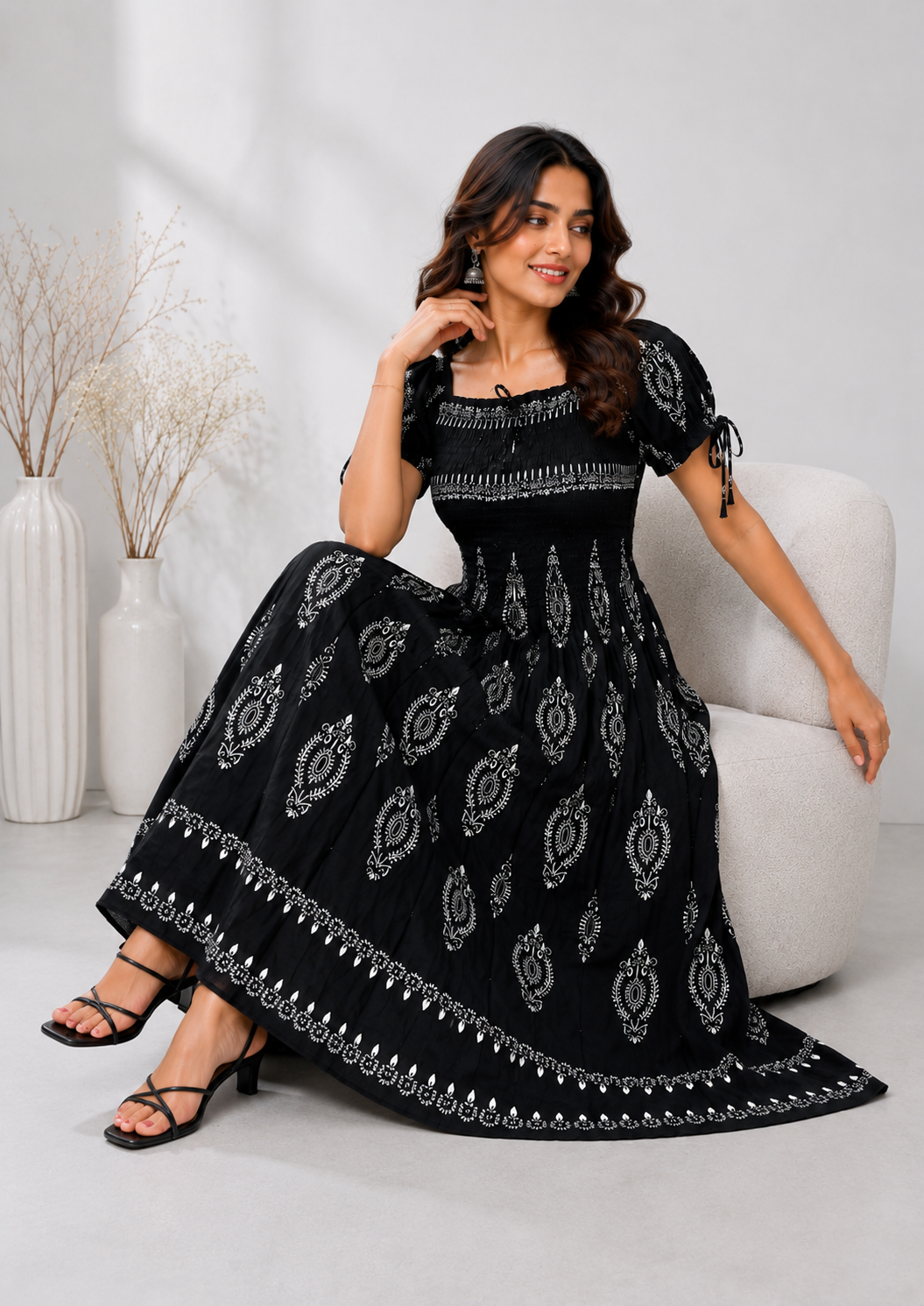 Black Boho Printed Smocked Maxi Dress - PRAVtown
