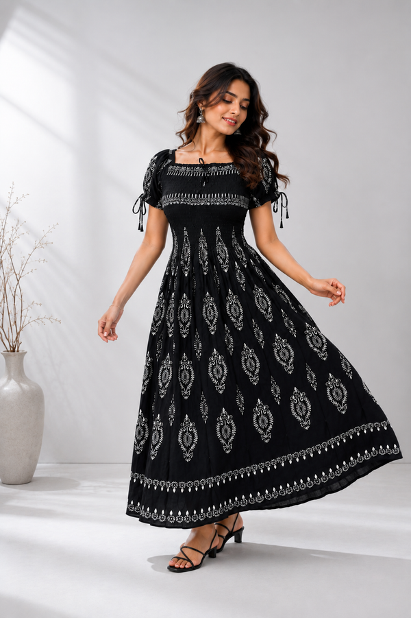Black Boho Printed Smocked Maxi Dress - PRAVtown