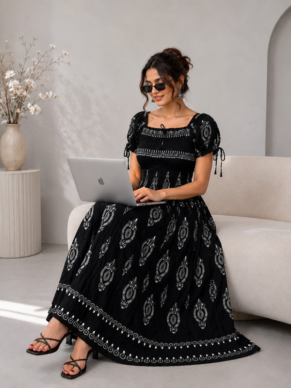 Black Boho Printed Smocked Maxi Dress - PRAVtown