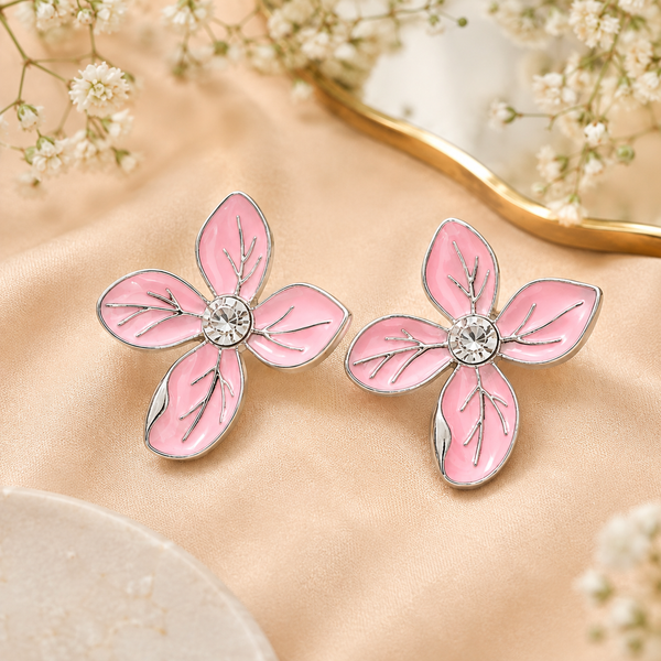 Pink Floral Enamel Stud Earrings Anti-Tarnish